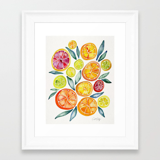 Watercolor print of sliced citrus on a white matte in a white frame