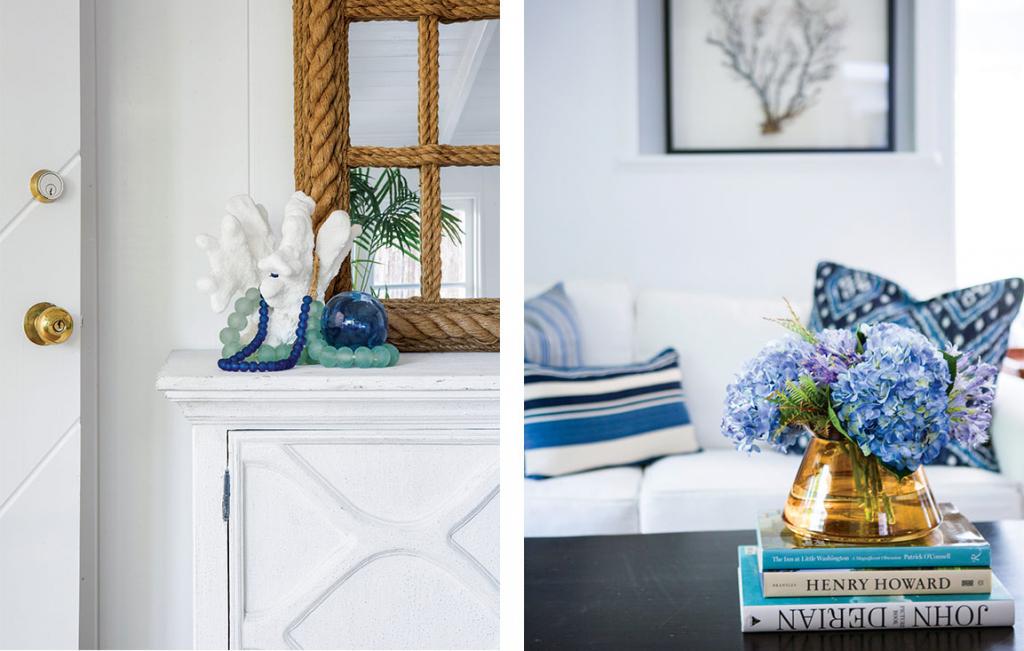 Side by side images of small coastal decor in the house, white pieces of coral, nautical rope, coffee table books and florals arranged in a golden vase. 