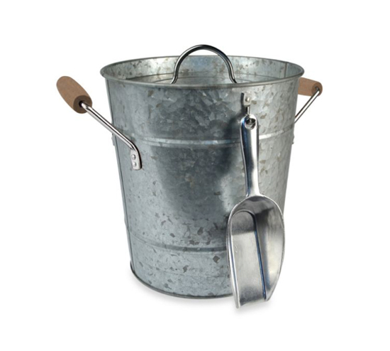 Galvanized metal ice bucket with a silver scoop.