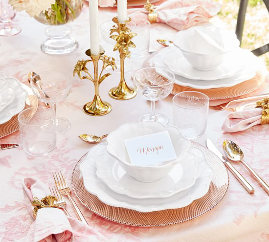 Fully designed table scape in shades of pinks and gold.