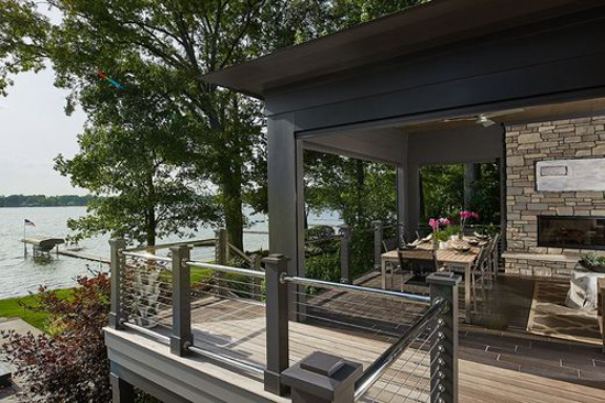 Modern deck with a lake side view