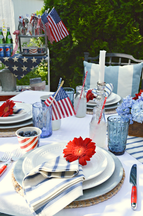 Table set for a meal and decorated in reds whites and blues for the 4th of July. 