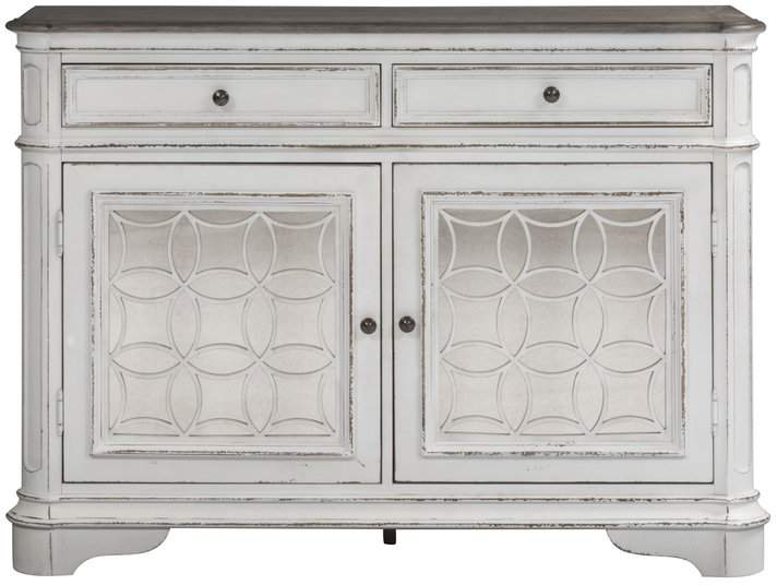 A white Tiphaine sideboard with a dark wood top and mirrored doors from Birchlane