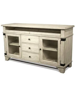The cream Wooten sideboard with open wine storage and iron accents from Wayfair