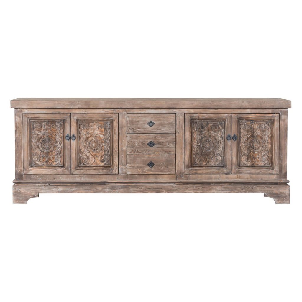 wooden sideboard with iron accents and hand-carved doors