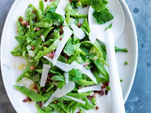 pancetta and snow peas topped with cheese