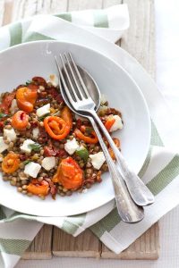 roasted peppers, goat cheese and lentils in a bowl