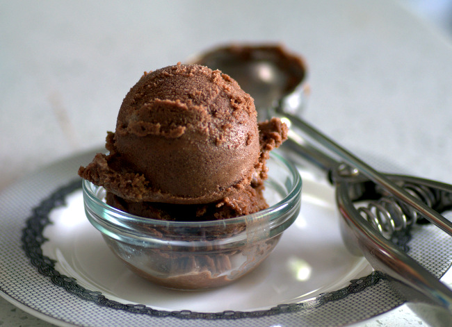 chocolate ice cream in glass bowl