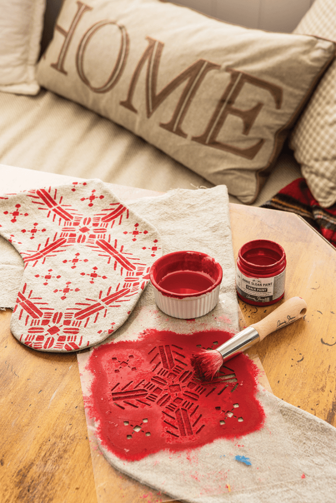 DIY Chalk Painted stocking with stencil and red paint