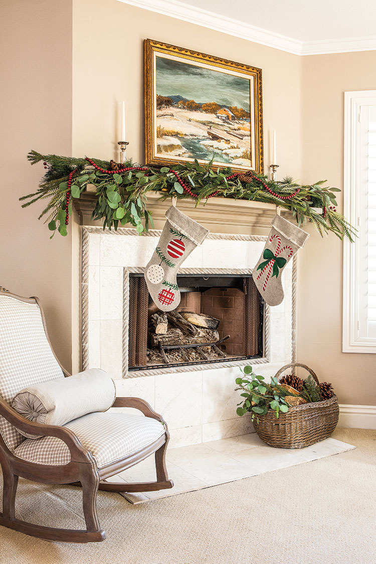 DIY Christmas Stockings hung by fireplace with rocking chair and garland