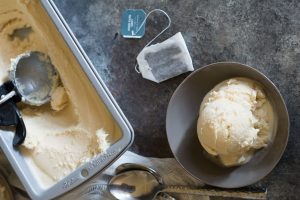 light brown ice cream with tea bag