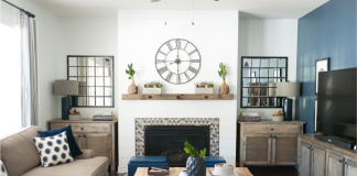 Light and bright living room, blue accent wall and rustic touches.