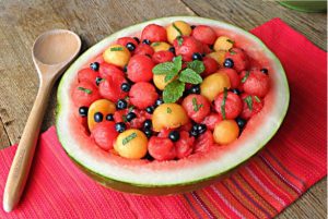 watermelon and cantaloupe balls mixed with blueberries