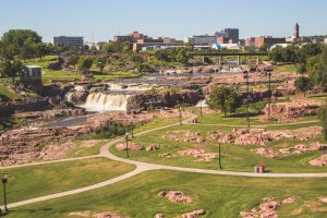 a park with waterfalls in Sioux Falls, Nebraska