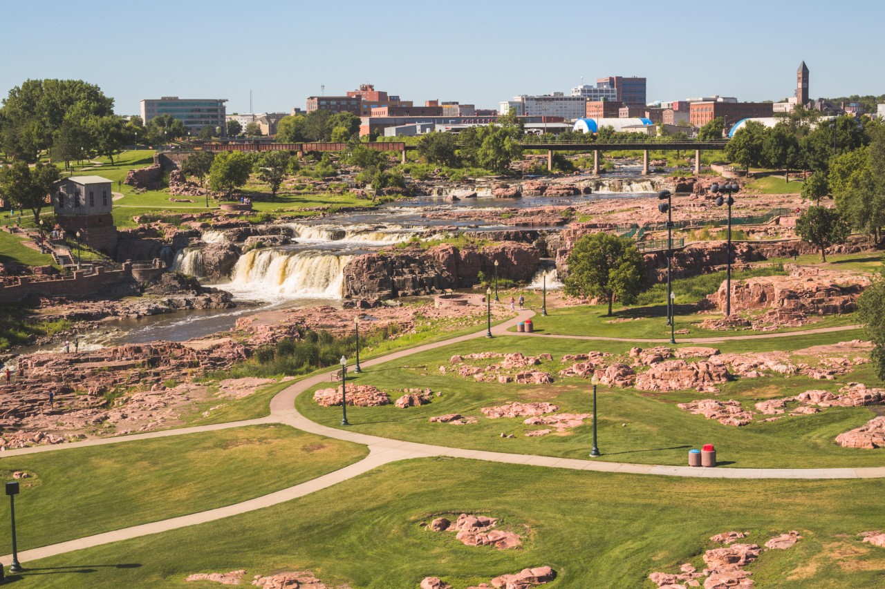 a park with waterfalls in Sioux Falls, South Dakota