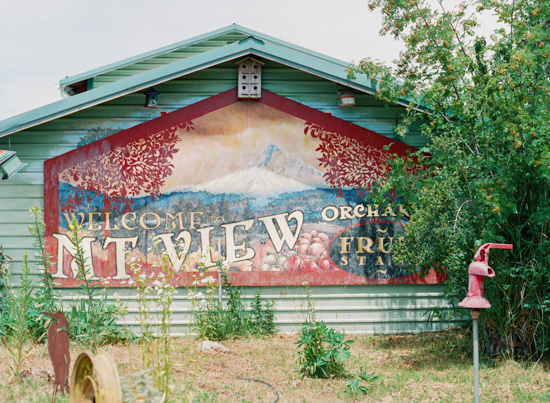 A rustic green farmhouse building with a giant sign welcoming guests to Mnt. View Orchards. 