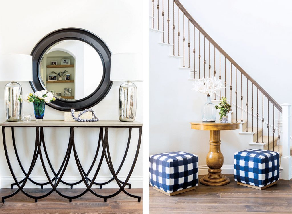 buffalo check ottomans in an entryway in front of a spiral staircase