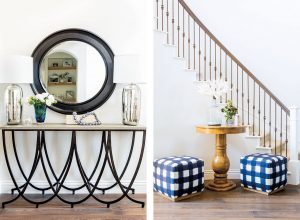 buffalo check ottomans in an entryway in front of a spiral staircase