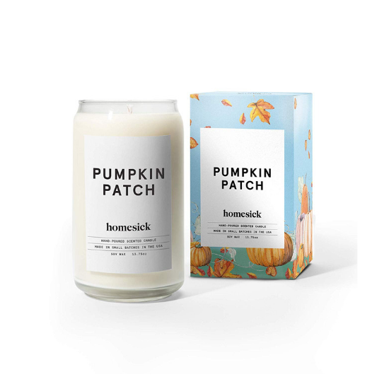 Light blue box with a fall scene and minimalistic branding for a "pumpkin patch" scented candle and the white candle with the same branding posed next to it. 