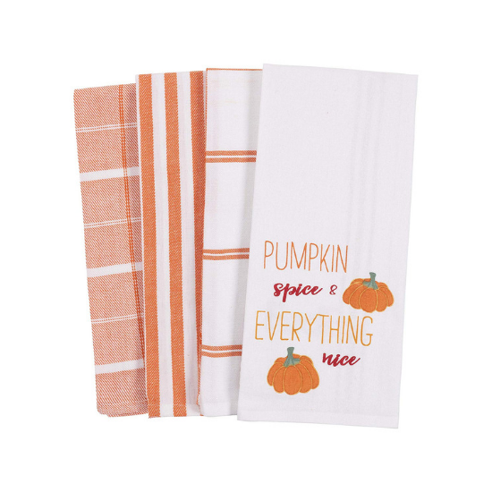 Set of four white and orange, fall themed, dish towels.