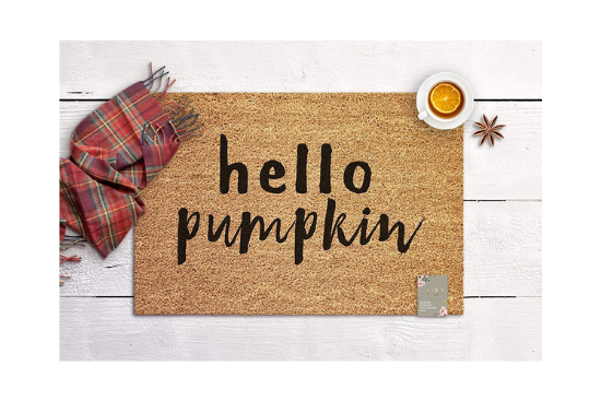 Jute welcome mat with "hello pumpkin" in black type. 