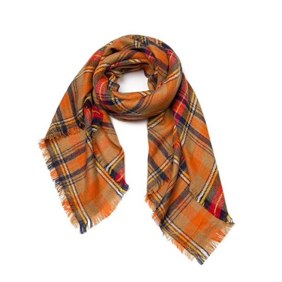 Fall themed plaid scarf with a fringed-edge. 