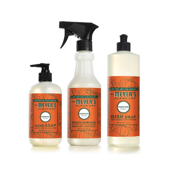 Three piece set of cleaning supplies in pumpkin scent, dish soap, hand soap and cleaning spray.