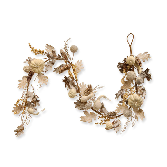 Fall decorative garland with white and tan pumpkins, leaves and pinecones. 