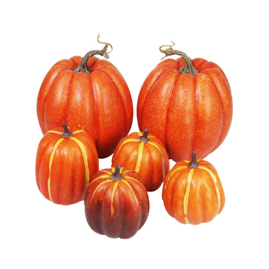 Set of six artificial pumpkins in varying sizes and colors. 