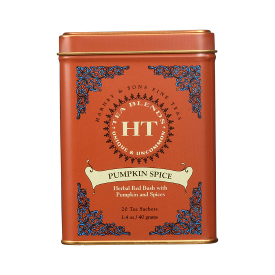 Rust colored decorative tin filled with pumpkin spice tea sachets. 