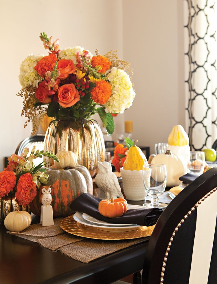 Festive Halloween tablescape prepared for dinner guests. 