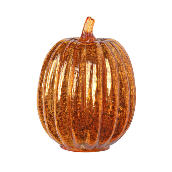 Rust colored mercury glass, pumpkin shaped decorative art, that lights up. 