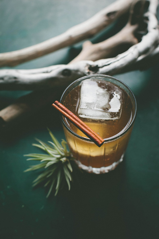 A lovely fall cocktail on a hunter green table with a cinnamon stick garnish and an air-plant displayed next to the glass.