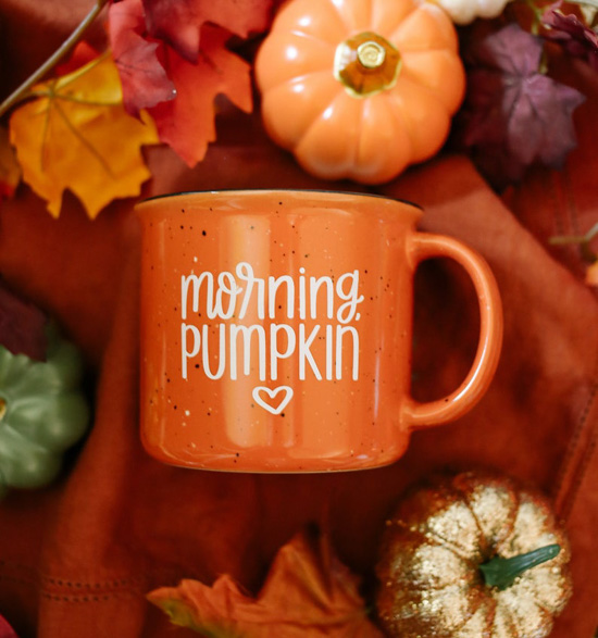 Speckled, orange ceramic mug with 'morning, pumpkin' written on it in white and surrounded by Halloween decor pumpkins and fall leaves. 