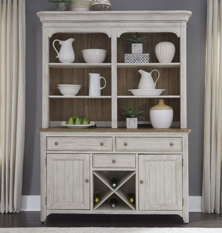 Gray toned china cabinet with minimalistic display.