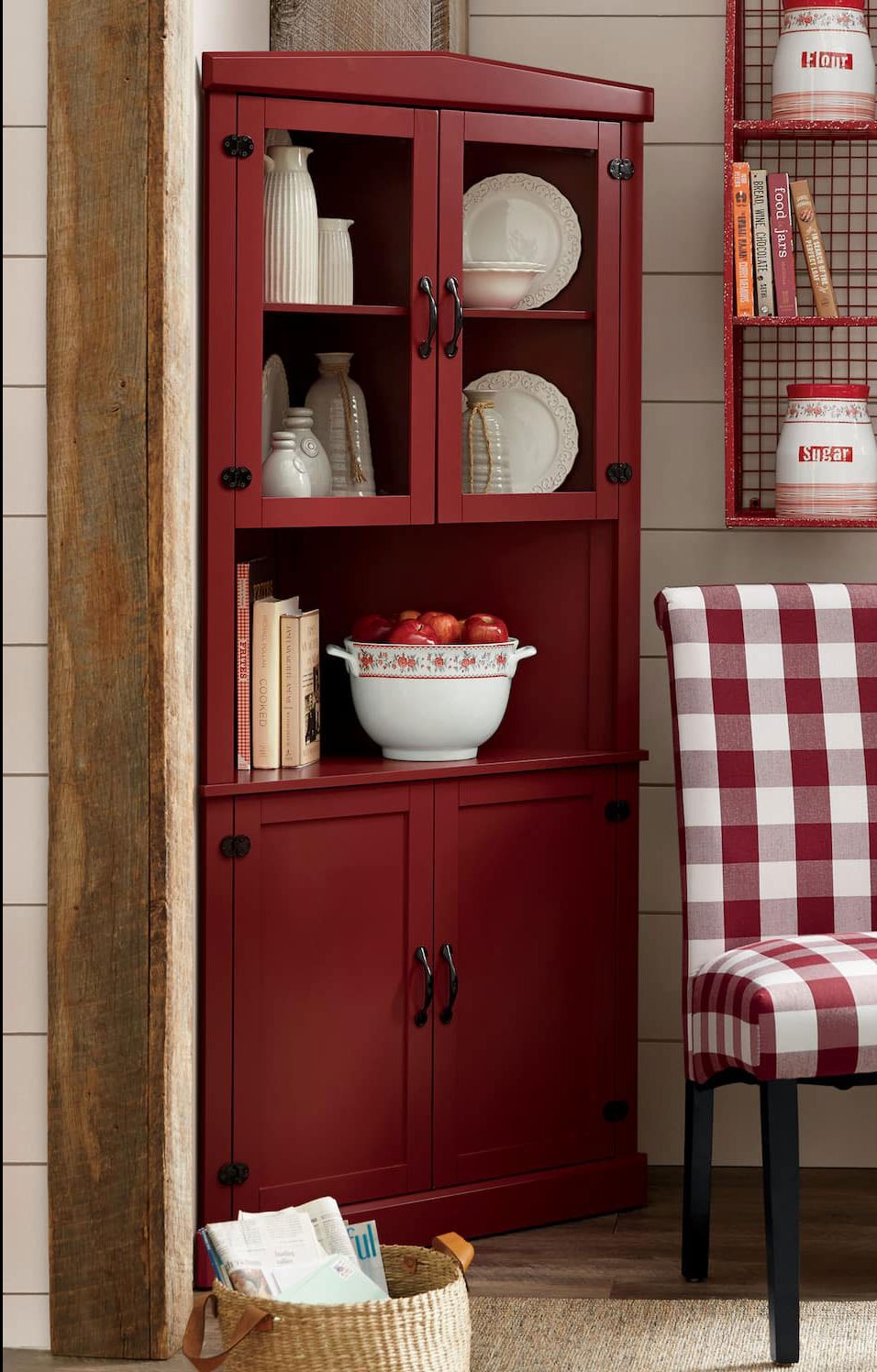 Red corner china cabinet.