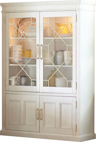 White china cabinet with display lights to show white dishes.