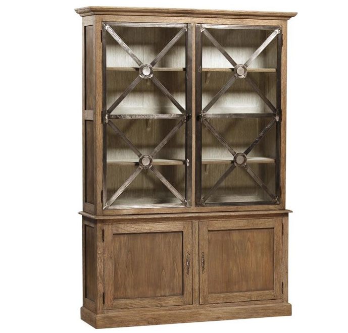 Empty china cabinet with ornate display doors. 