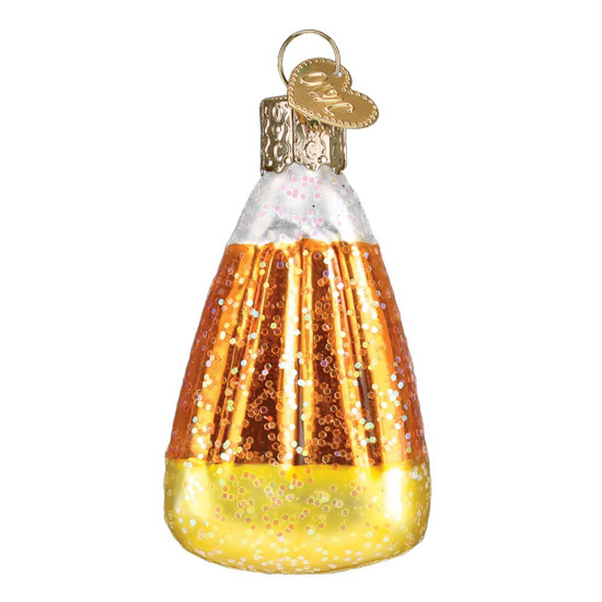 Old world glass ornament shaped and colored like a candy corn.