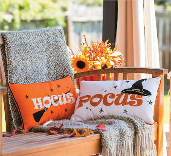 Halloween porch with a wooden bench with a gray throw blanket and two throw pillows that say "hocus" and "focus".