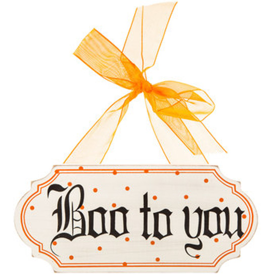 Wooden wall decor sign that reads "boo to you" with an orange ribbon.