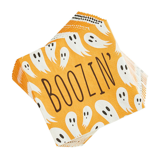 Stack of cocktail napkins that have cartoon ghosts on them and say "boozin"