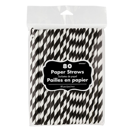 Plastic package of 80 black and white striped paper straws. 