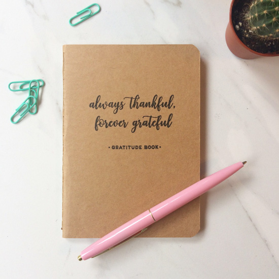 Kraft paper covered brown notebook that says, always thankful, forever grateful" on the cover placed with a pink pen, small paperclips and a planted cactus. 