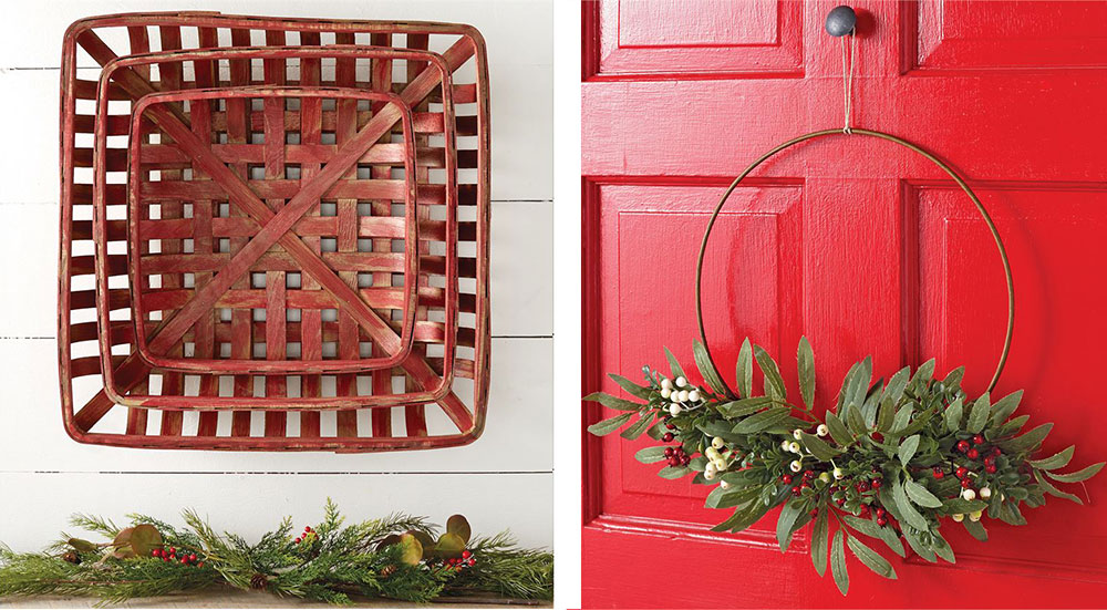 red tobacco basket and a wire wreath on a red door