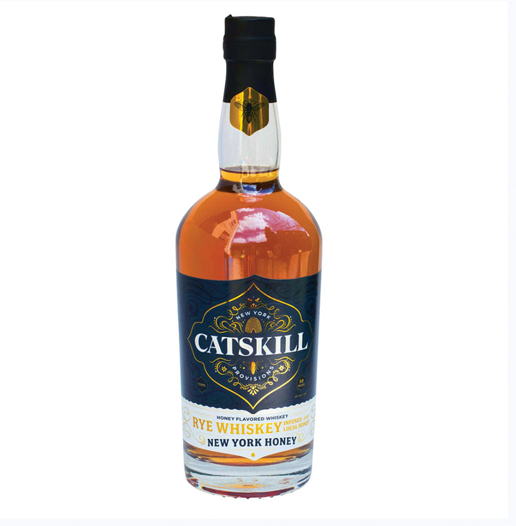 Sealed bottle of Catskill honey flavored rye whiskey.