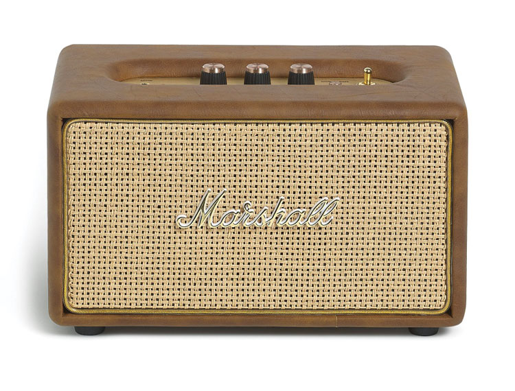 Marshall travel speaker in a soft camel vinyl case with a basketweave fret, bluetooth compatible. 