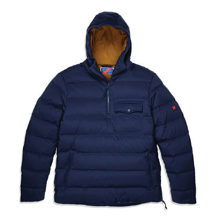 Navy blue men's down pullover jacket with front zip and zipper pockets. 