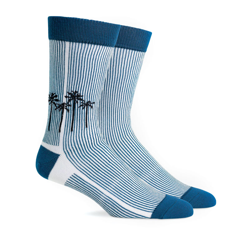 Blue and white men's socks with vertical stripes and small black palm trees. 