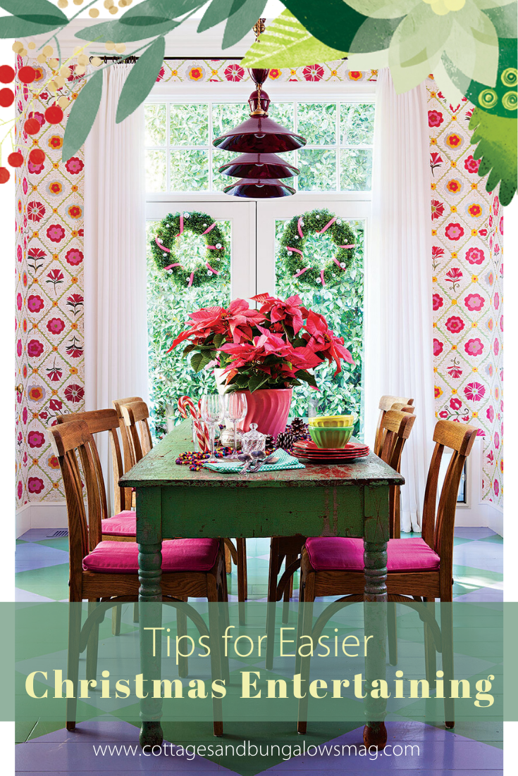 dining room with floral pattern wallpaper, painted check floors and a vintage dining table